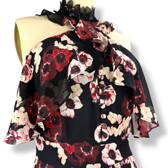 New w/Tag NICHOLAS silk floral ruffle tiered asymmetrical Goddess gown - Picture 12 of 17